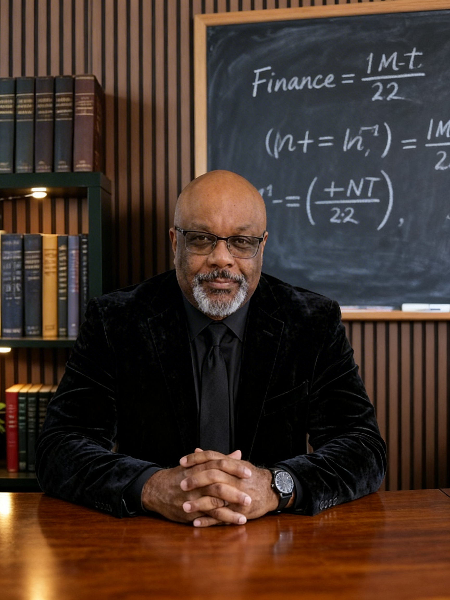 Dr. Boyce Watkins, Ph.D. in Finance, posing with his books in front of a chalkboard filled with financial formulas